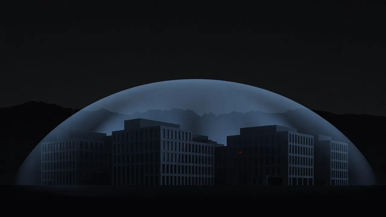 The dark silhouette of a company's buildings at night under an arc of steel-blue light shaped like a shield, a faint alpine ridge on the horizon, one small red light among the windows.