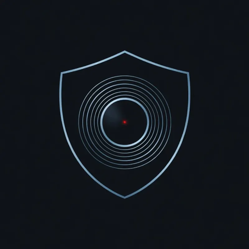 A shield holding a single lens of concentric steel-blue rings with a small red centre.