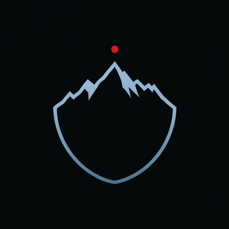 A mountain ridge drawn in steel-blue light whose outline forms the top of a shield, a red dot on the highest peak.