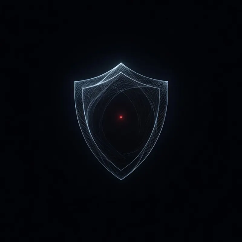 A shield outline drawn in thin glowing steel-blue lines on near-black, a tiny red point of light at its centre.