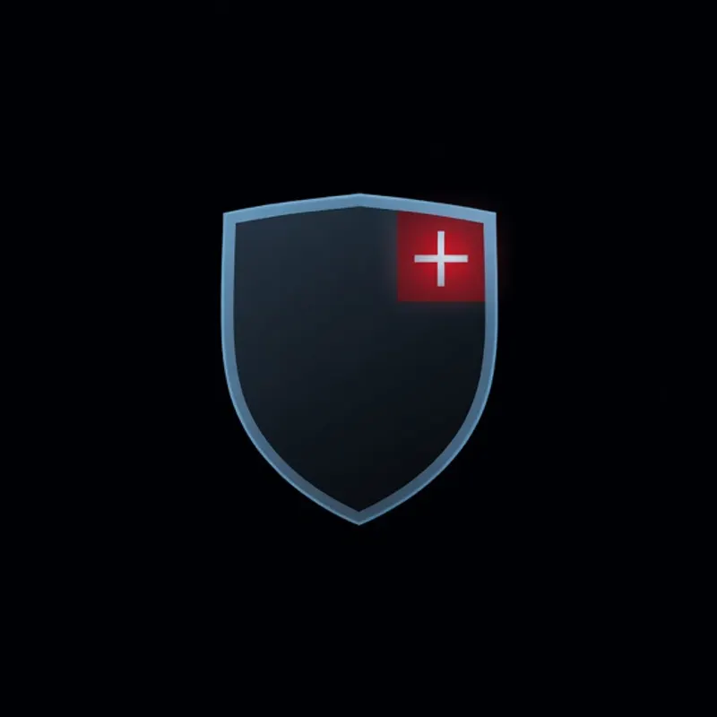 A dark shield with a thin steel-blue edge and a small white plus on a small red square in its upper corner.